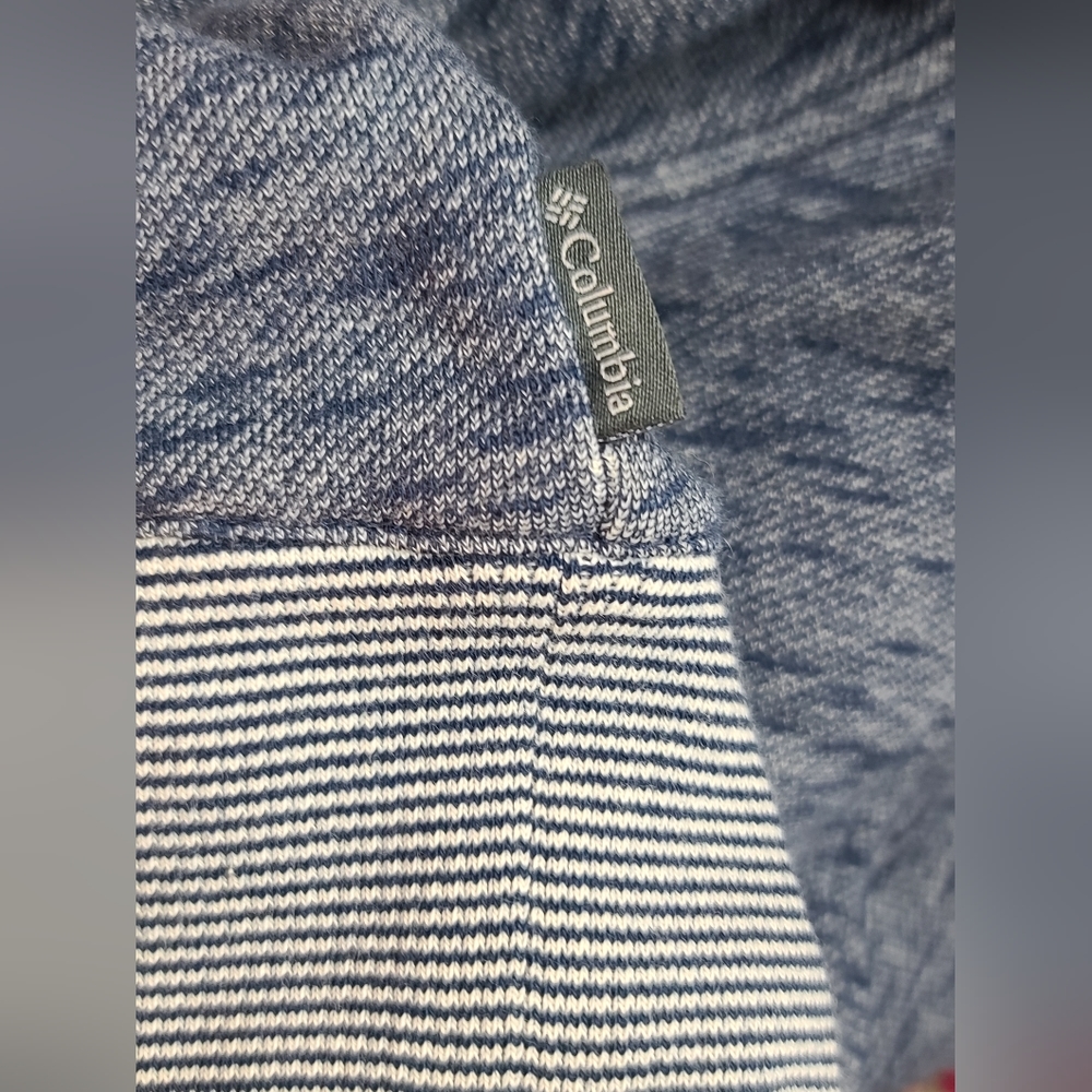 Columbia Womens Heathered Blue Asymmetrical Cowl Neck Sweatshirt Striped Trim - Picture 8 of 9